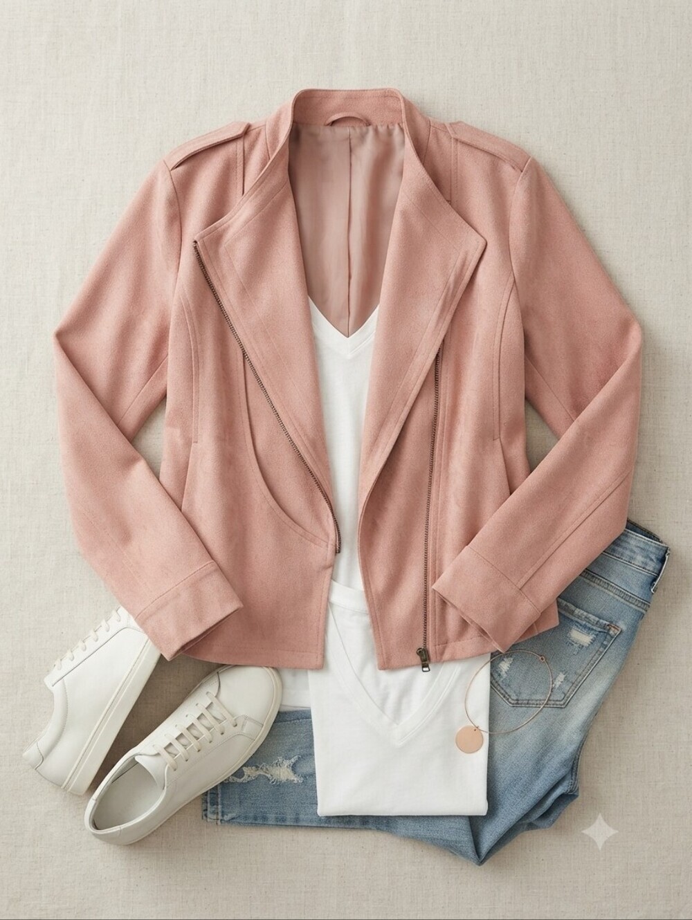 Paper Crane Pink Faux Suede Moto Style Zip Up Jacket